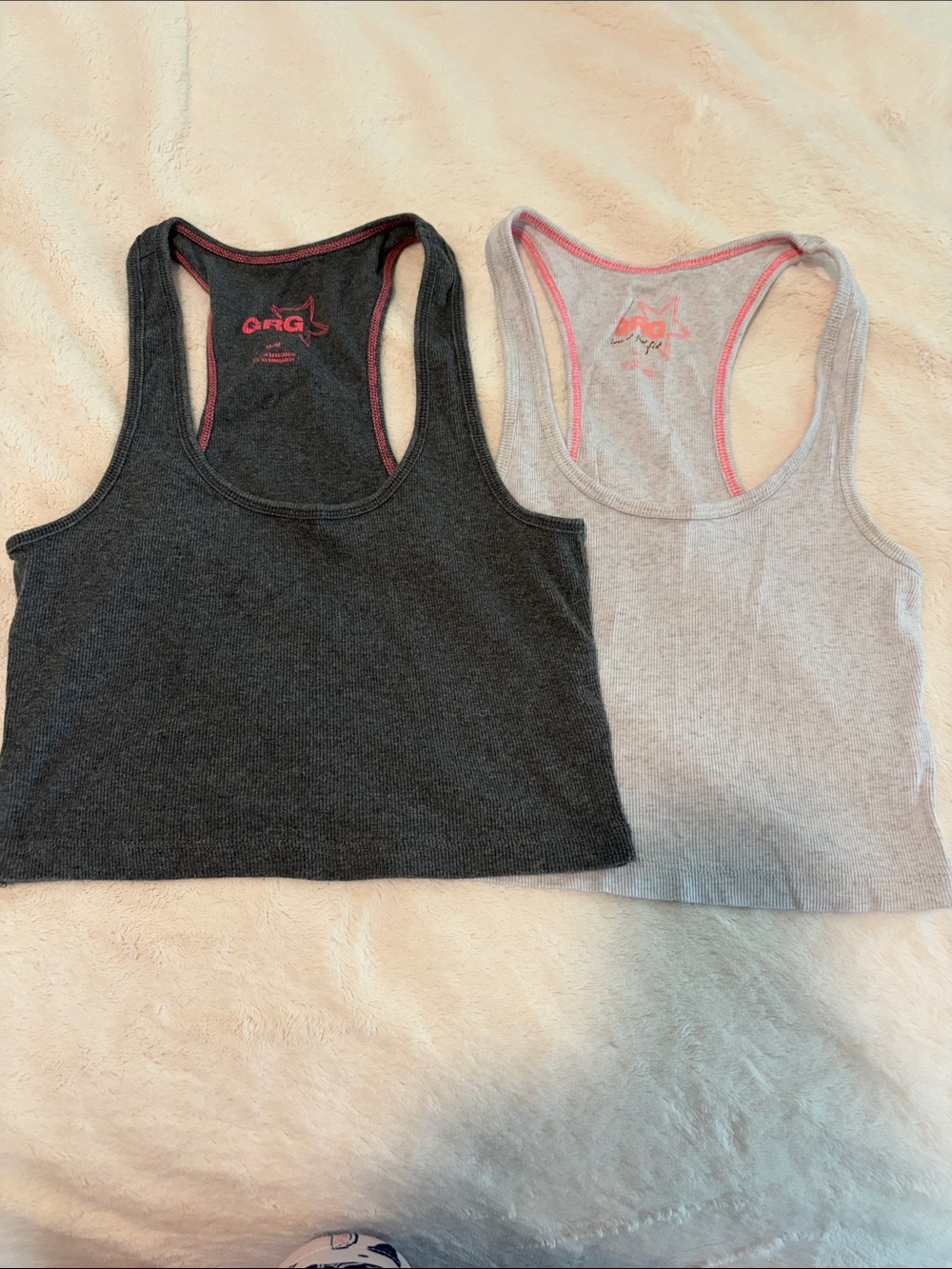 Garage Ribbed Racerback Tank Tops - Charcoal & Light Gray with Pink Trim